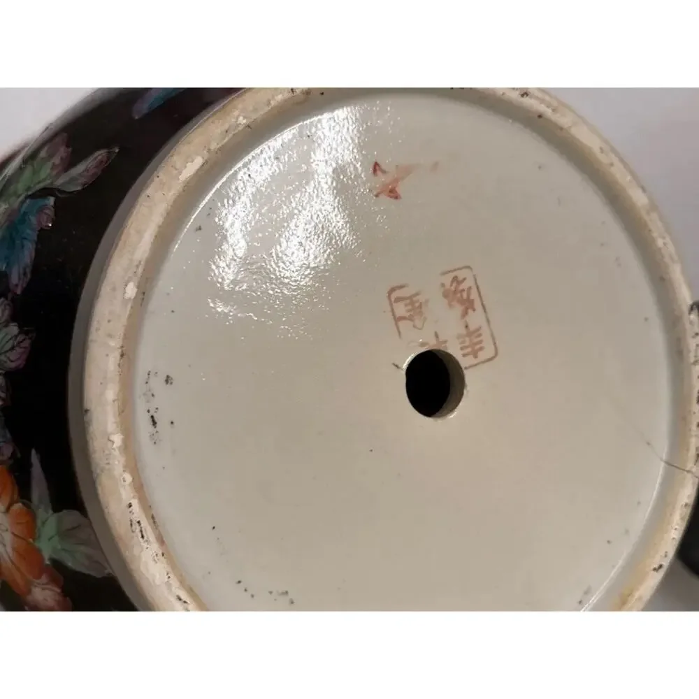 Vintage Chinese Enamel Famille Rose Koi Planter Cachepot Flowers Black Flowers